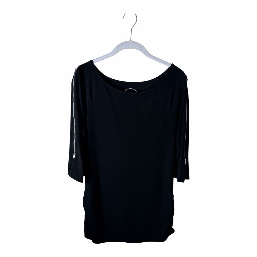 INC International Concept Black Blouse Shirt Top Size Medium Zip Accent Boatneck